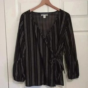 New York Laundry Wrap Tied Tunic Top Size 1X Black Tan Striped Boho Artsy Office